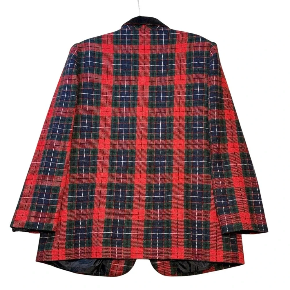 Womens Vintage Tartan Plaid Blazer 16 Red Wool Velvet Collar Sag Harbor Classic